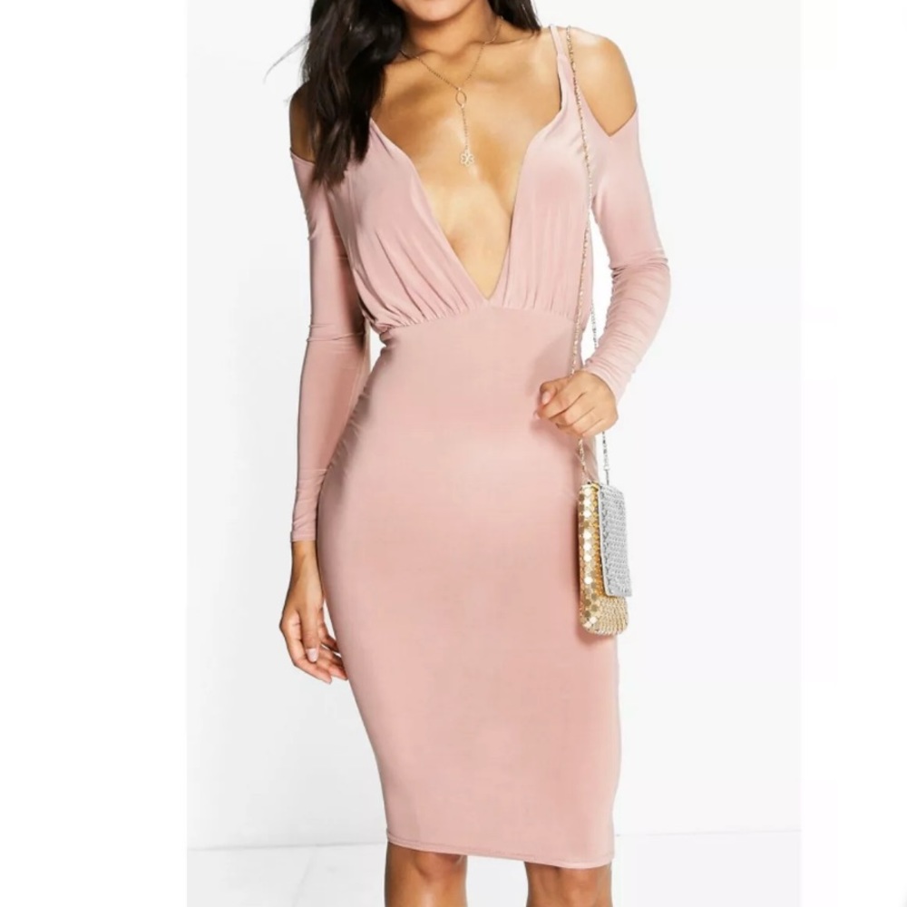 NWT Boohoo Rose Open-shoulder Deep-V Bodycon Dress